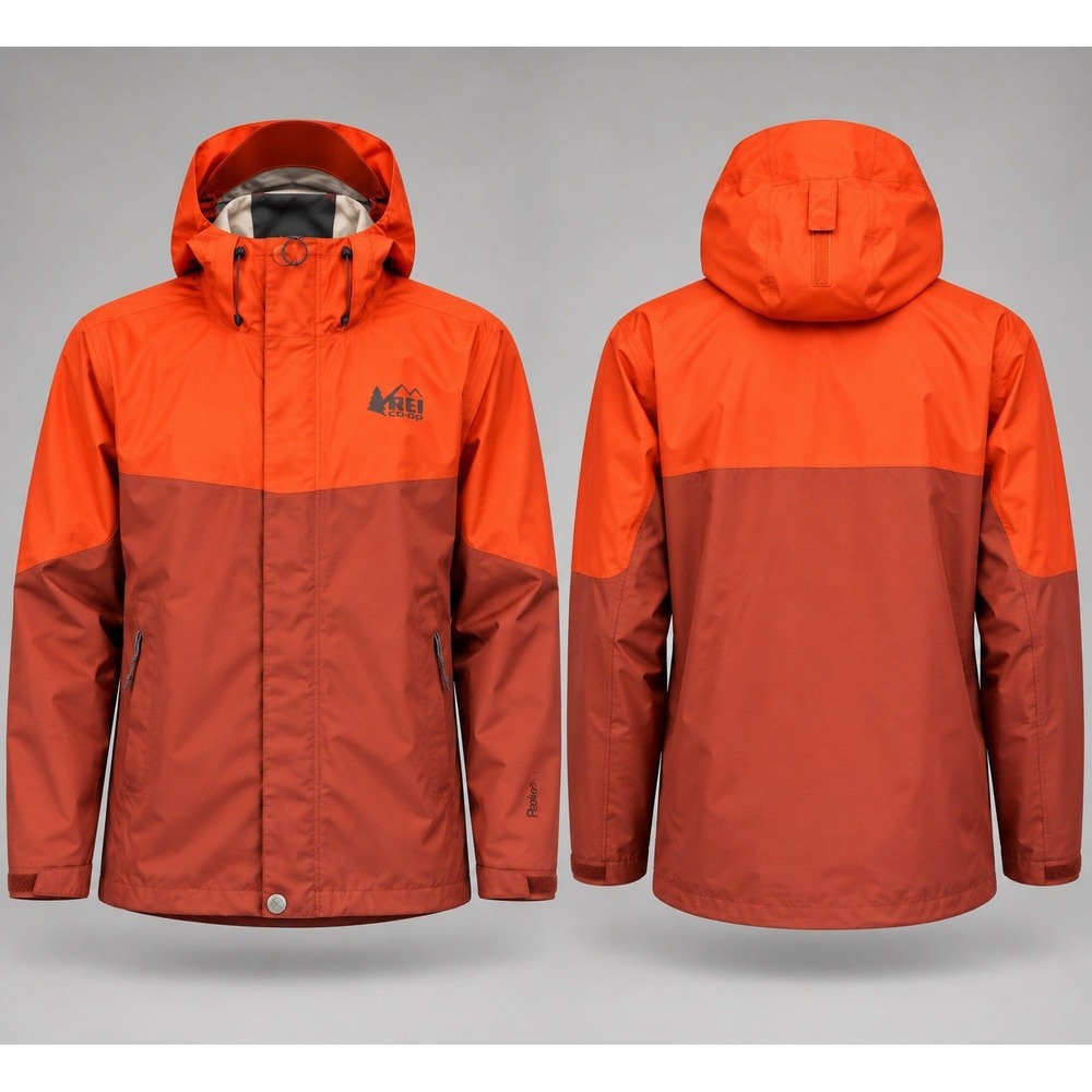 REI Co-op Peak 2.5L Jacket Men med rust org Hooded Waterproof Rain Shell Outdoor